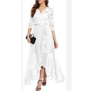 Womens Formal Med Elegant White Hi-Lo Lace V-Neck Wedding Bridesmaid Dress